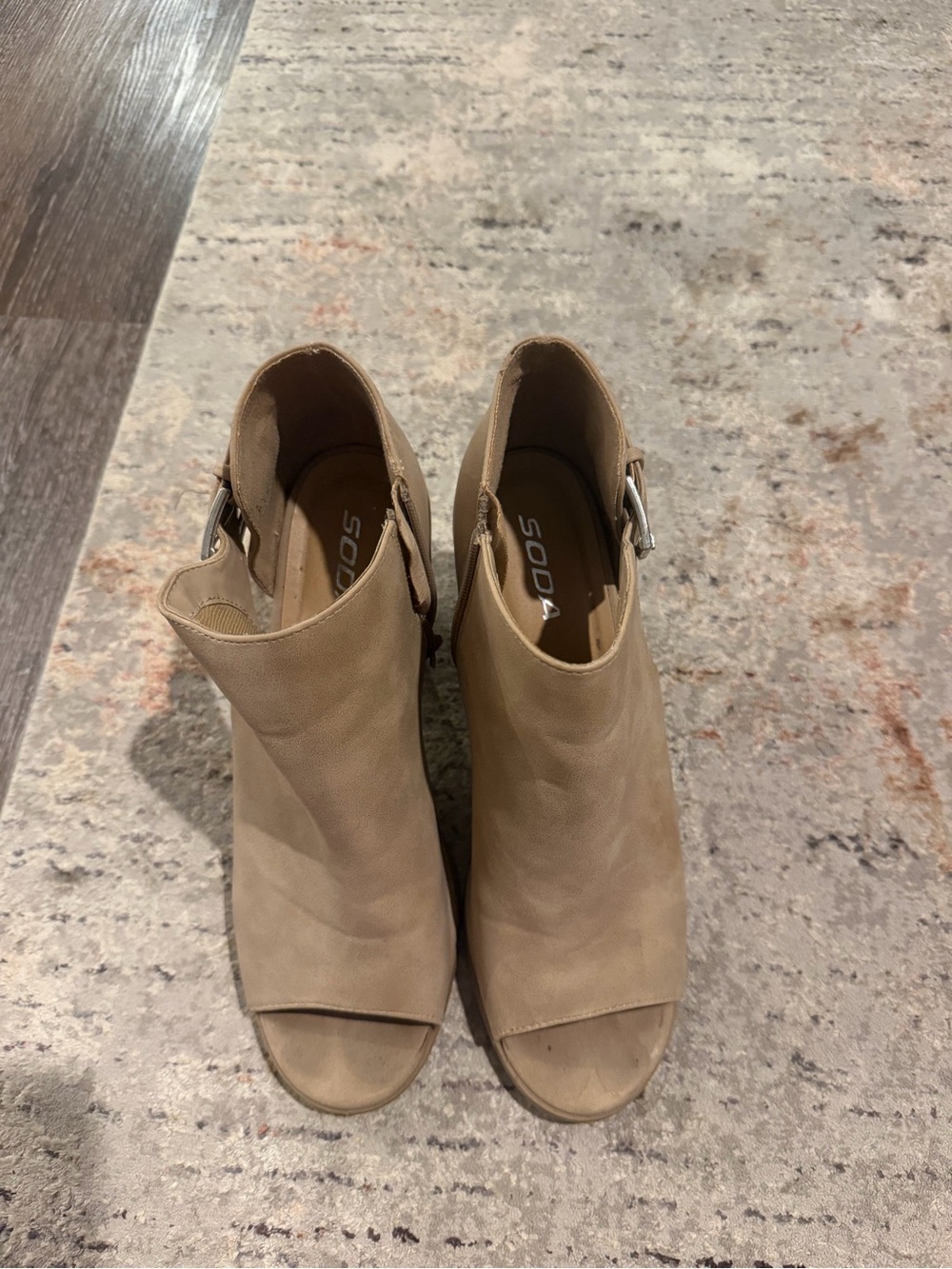 Soda Taupe Open-Toe Ankle Mules with Side Buckle